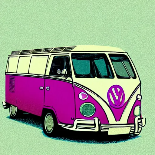 Image similar to illustration of an old van volkswagen, may 6 8, pastel colors, cool, hippie by victo ngai