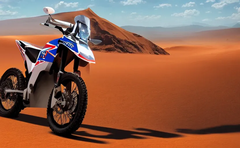 Prompt: prototype, futuristic dakar motorbike, dakar race, sand and desert in background, symmetrical mechanical features, off - road, designed by professional, smooth curvatures, brushed red and blue paint, hard surfaces modelling, dramatic lighting, hyper realistic rendering, octane, depth of field, bokeh effect, 4 k