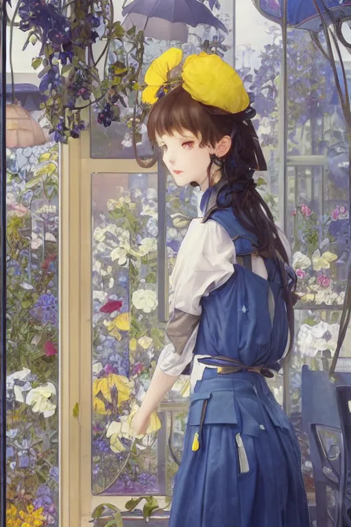 Prompt: a girl working in a flower shop in the afternoon, it is raining outside the window,blue and grey theme,JK uniform ,blue theme with eye-catching yellow accents ,S line, by krenz cushart and mucha and range murata and greg rutkowski