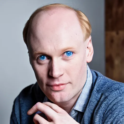 Prompt: Middle aged blue eyed, very pale, blond balding English man