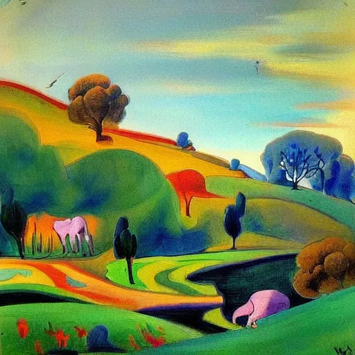 Prompt: A beautiful painting of a landscape. It is a stylized and colorful view of an idyllic, dreamlike world with rolling hills, peaceful looking animals, and a flowing river. The scene looks like it could be from another planet, or perhaps a fairy tale. harlequin by William Gropper defined