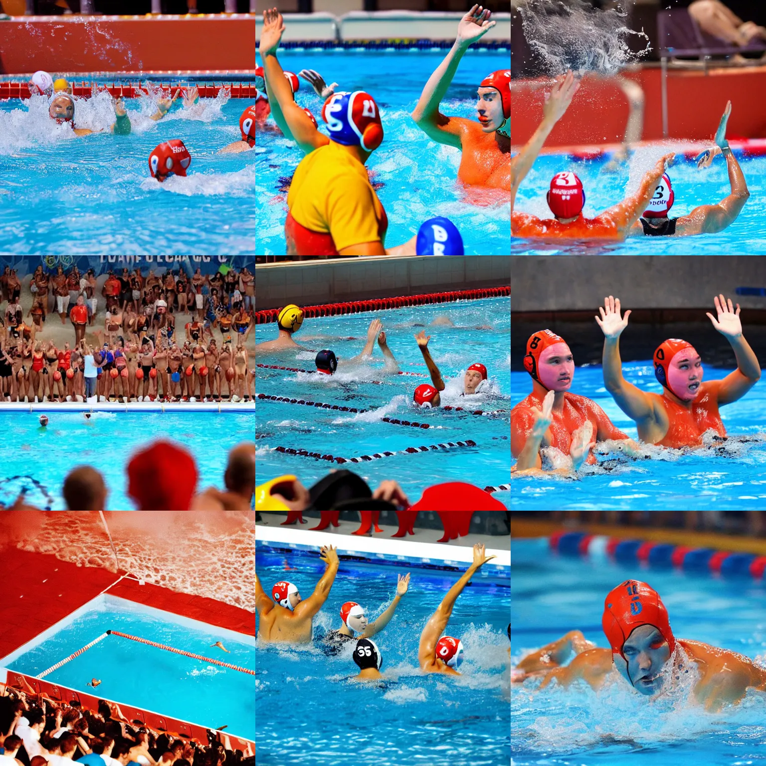 Prompt: Game of water polo in a pool full of lava. The water is replaced with lava. Red liquid. Olympic Games. athletes waving for help. general panic.