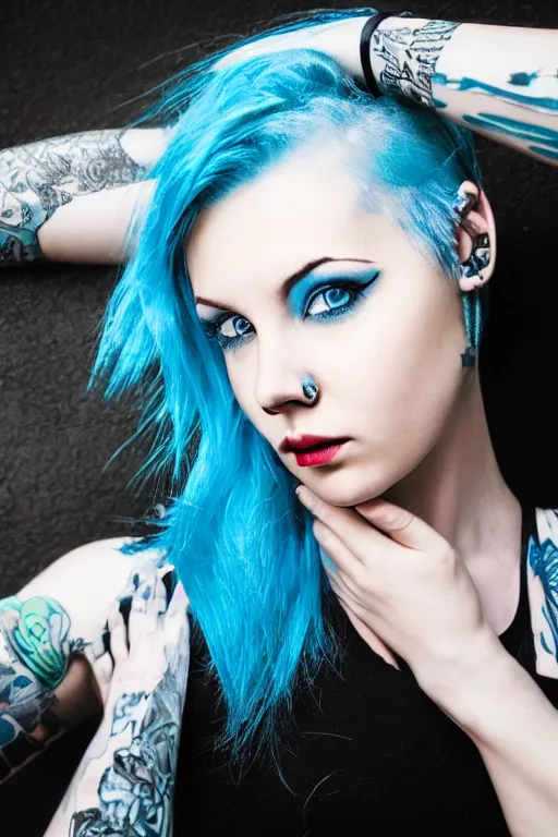 Prompt: photo of young cute punk woman with blue pixie cut posing, hyper detailed