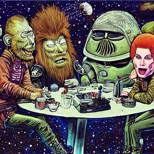 Prompt: scruffy punk starship crew sitting at table and getting drunk and singing folk music, extraterrestrials, alien 1 9 7 9, ron cobb, jim henson creature shop, mike mignogna, highly detailed, comic book, science fiction, used future