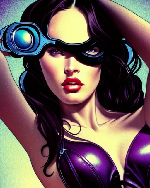 Image similar to low angle closeup very seductive megan fox retro scifi goddess pinup, vr goggles, action glamour pose, windblown dark hair, hyper detailed, digital art, studio lighting, smooth, ambient lighting, sharp focus, frank miller, wlop, anna dittmann, moebius!, alphonse mucha, patrick nagle!!!, rim lighting, synthwave