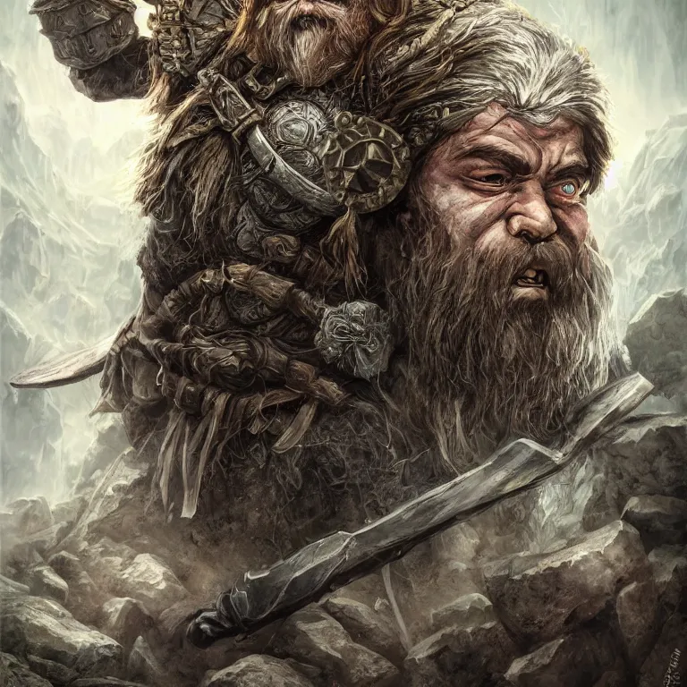 Prompt: dwarf warrior in mountain, lord of the rings style, fantasy, poster, character portrait, portrait, close up, concept art, intricate details, highly detailed, full body, 8 k