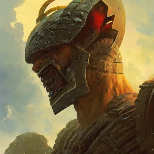 Image similar to head and shoulders portrait of an armored fire giant, d & d, fantasy, greg rutkowski, frank frazetta, alexandre chaudret, boris vallejo, michael whelan, miro petrov, magali villeneuve, donato giancola