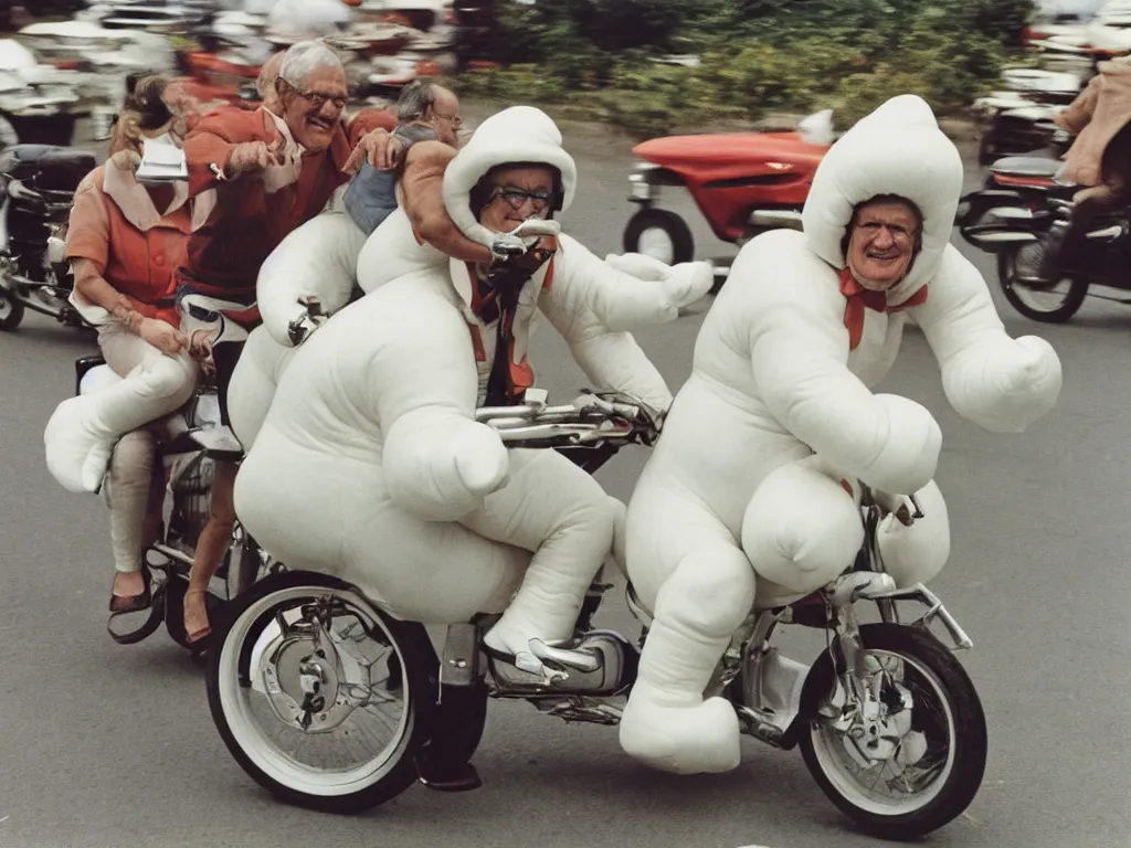 Image similar to a martin parr photo of a grandpa couple, wearing michelin man white body costumes, going super fast on a motorbike, 1 9 7 0 s kodachrome colour photo, flash on camera,