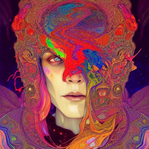 Image similar to An extremely colorful psychedelic experience, warping time and space, magic mushrooms, psilocybin, LSD, face, detailed, intricate, elegant, highly detailed, digital painting, artstation, concept art, smooth, sharp focus, illustration, art by Krenz Cushart and Artem Demura and alphonse mucha