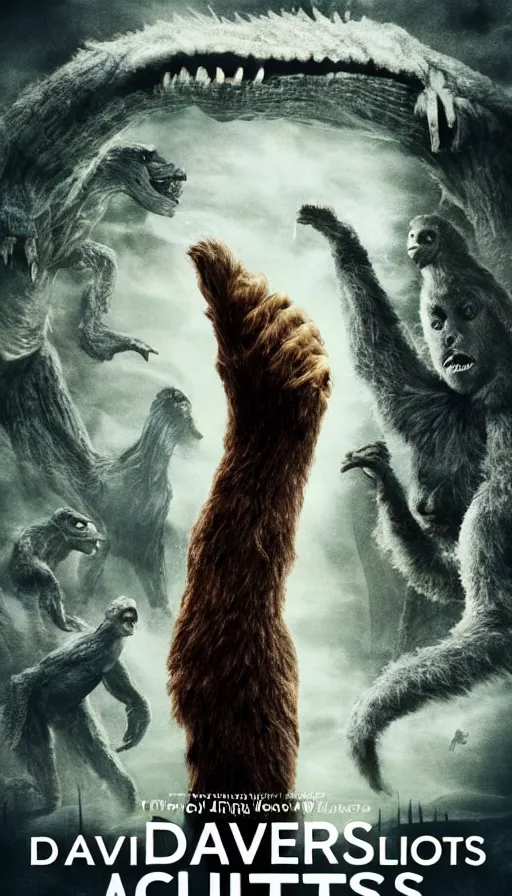 Image similar to movie poster about David Attenborough and cryptids, Bigfoot, Nessie, aliens