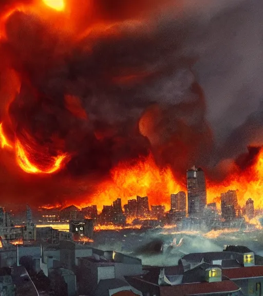 Prompt: Powerful giant destroying city, everything in fire, realistic photo, high detailed