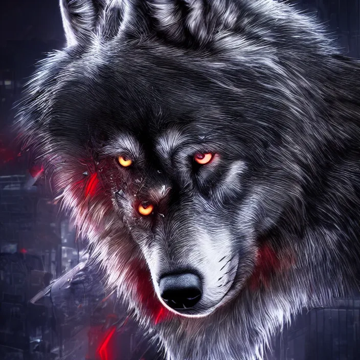 Image similar to portrait of male anthropomorphic dark gray wolf, long red hair, blue eyes, in a futuristic city, hyper detailed, digital art, trending in artstation, cinematic lighting, studio quality, smooth render, unreal engine 5 rendered, octane rendered, 1 : 1 aspect ratio