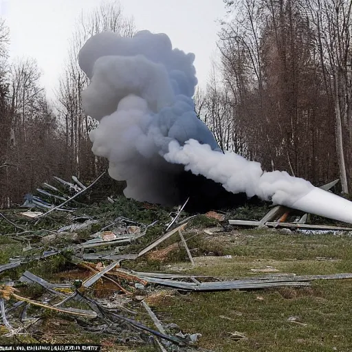 Image similar to on the territory of the Russian village house in Russia there is a large funnel after a missile strike near which a crowd of people gathered and takes pictures of it