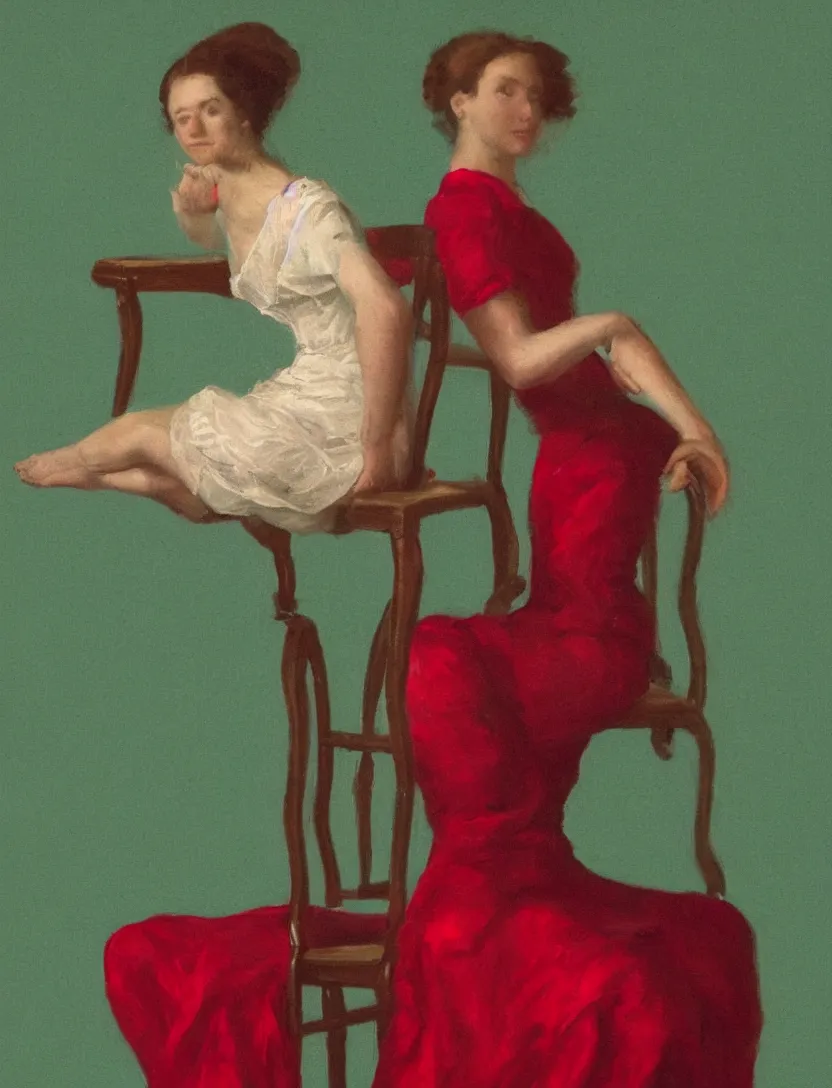 Image similar to A woman sitting on a stool reaching behind her with one hand. Close Shot. In the Style of Sir Matthew Smith. Green and Red light.