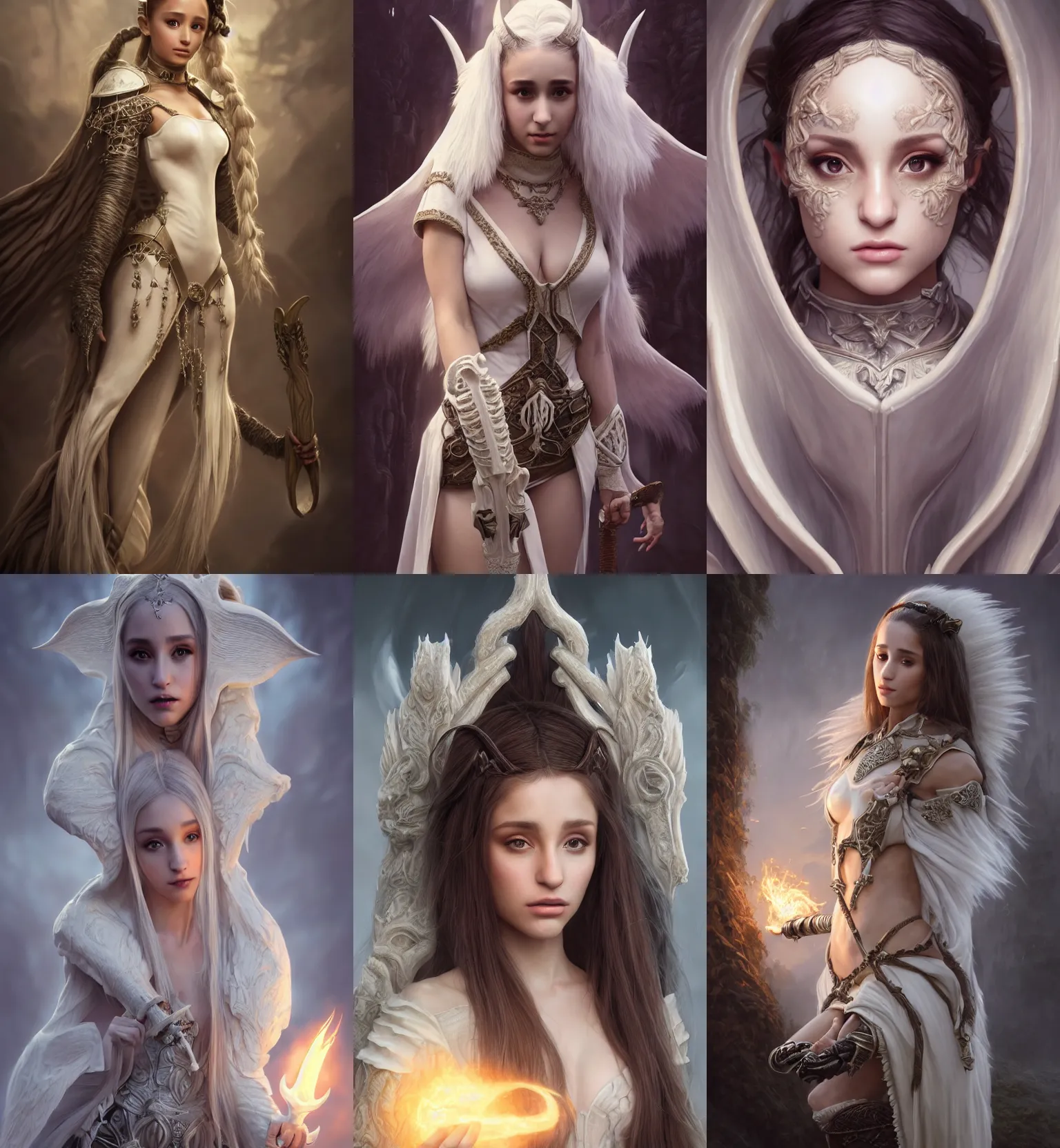 Prompt: ultrarealistic fantasy portrait mage ariana grande fighting, long ivory hair ivory eyes wearing ivory carved bone mantle gothic ivory bone cloak with intricate details, bone plants, fantasy character octane render, substance painter, cinematic lighting, volumetric lighting, artstation, dnd art, cgsociety, sharp focus, digital painting by artgerm, gerald brom, wlop