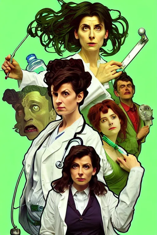 Image similar to doctor who, woman, as a mad dentist, on a plain green background, art by artgerm and greg rutkowski and alphonse mucha