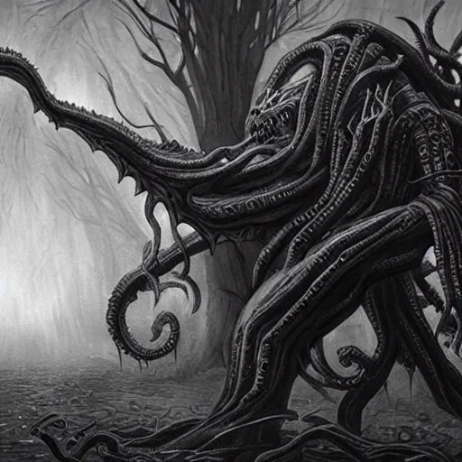 Prompt: lovecraft horror, eldritch monster, realistic, detailed, dark fantasy, evil