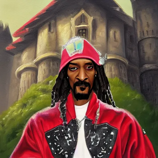 Prompt: Painting of Snoop dog in armor standing in front of a castle in style of Charlie Bowater