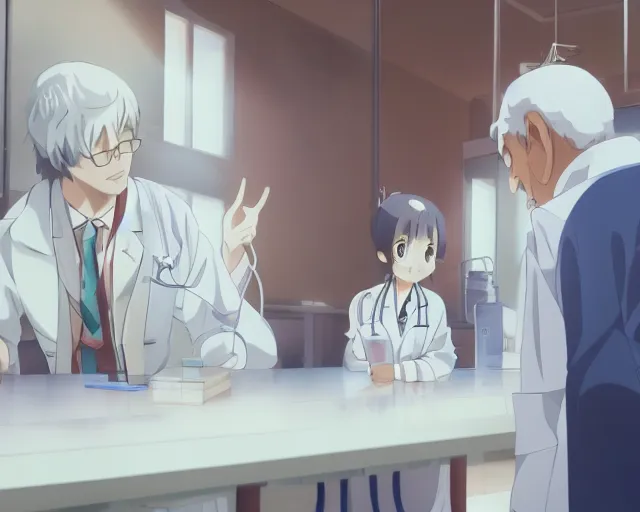 Image similar to a cute young female doctor wearing white coat are talking with an old surgeon in a hospital, slice of life anime, lighting, anime scenery by Makoto shinkai