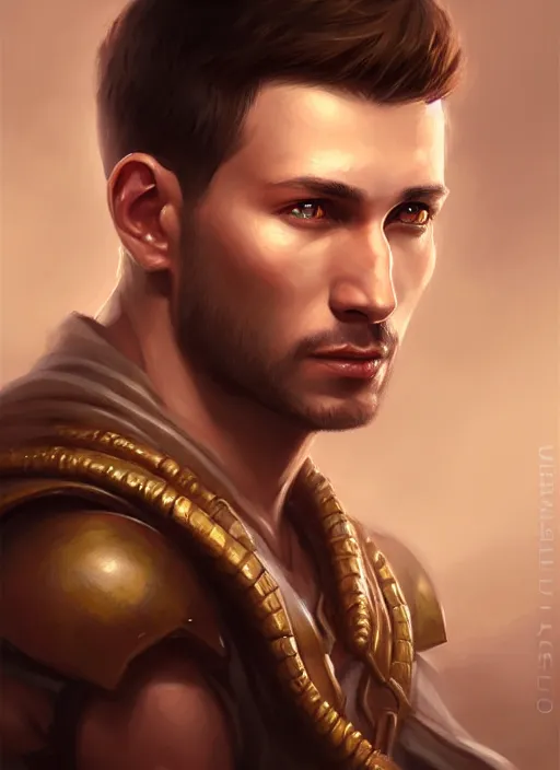 Prompt: a _ fantasy _ style _ portrait _ painting _ of light brown male short hair chiseled face big ears, rpg dnd oil _ painting _ unreal _ 5 _ daz. _ rpg _ portrait _ extremely _ detailed _ artgerm _ greg _ rutkowski _ greg