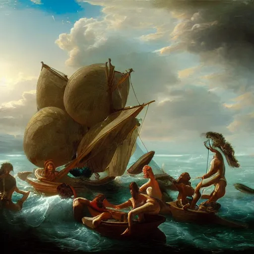 Prompt: seven trials of the prehistoric aquatic cult, in the style of David Geddes, Élisabeth Vigée Le Brun, dramatic lighting, establishing shot, detailed and clear beautiful realistic faces, 8k resolution – W 1024