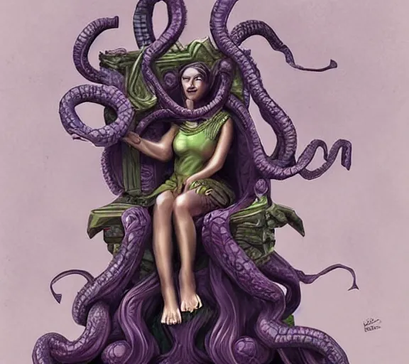 Image similar to medusa on a throne. trending on artstation.