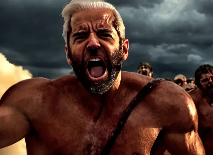 Image similar to cinematic film still of joe biden as leonidas shouting in 3 0 0 movie, 8 k, epic moody sky, dramatic lighting