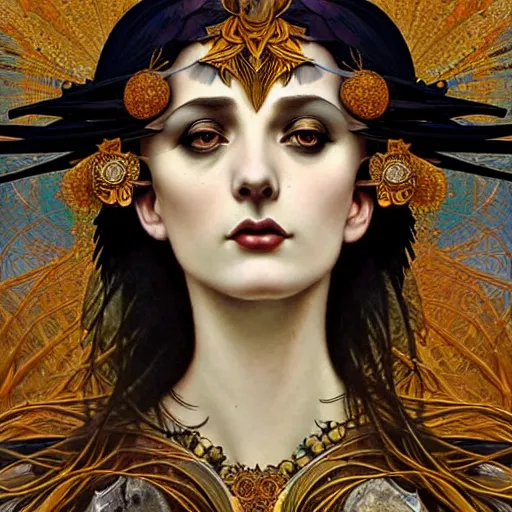 Image similar to goddess of crows, unusual beauty, emotionally evoking symbolic metaphors, head in focus, fantasy, ornamental, intricate, elegant, sensual, highly detailed digital painting, artstation, concept art, painterly, golden ratio, sharp focus, illustration, art by John Collier and Krenz Cushart and Artem Demura and Rafael and Alphonse Mucha and Albert Aublet