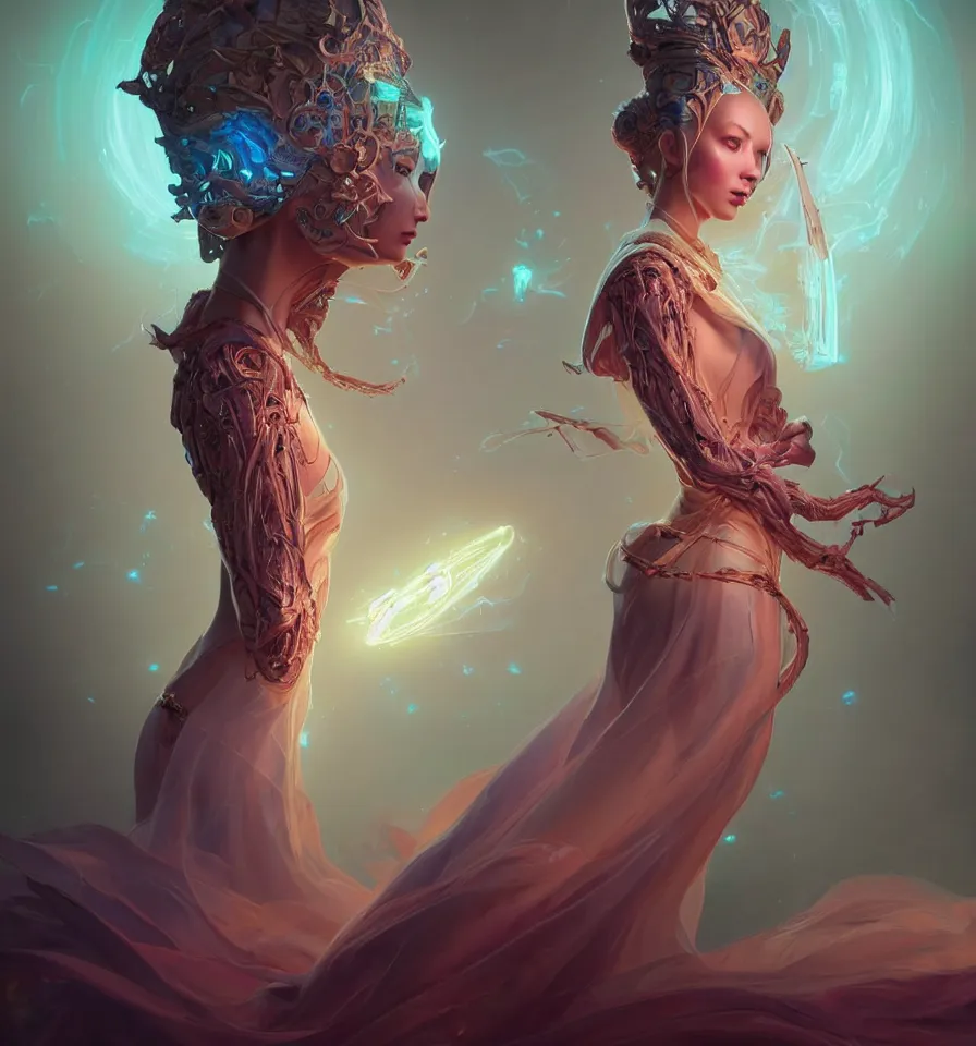 Prompt: portrait of a beautiful princess in robe. bio luminescent biomechanical halo around head. artwork by jarold Sng by artgerm, by Eddie Mendoza, by Peter mohrbacher by tooth wu, unreal engine, octane render, cinematic light, high details, iridescent colors, dichroic, macro