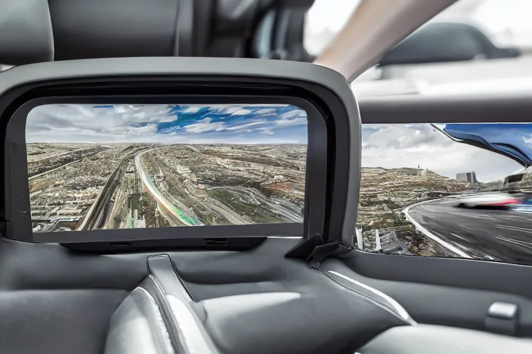 Image similar to a high-detailed picture from the inside of a driving autonomous car without people driving in a city, 8k, photo-realistic