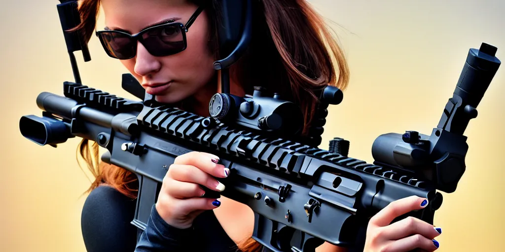 Image similar to hyperrealistic photo of a hot girl holding an ar - 1 5, 8 k