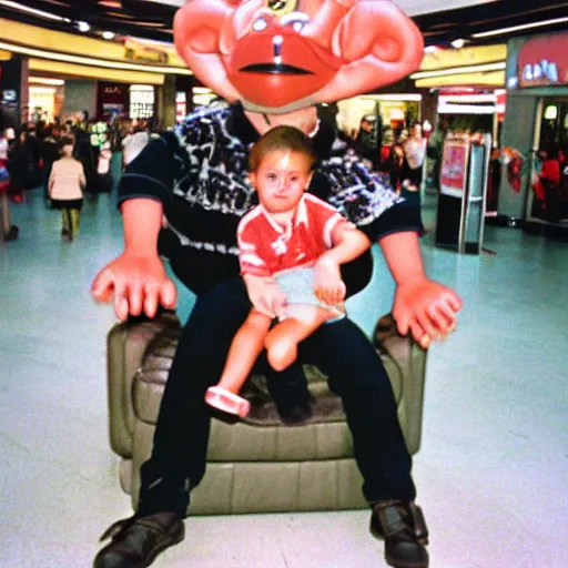Prompt: due to a spelling error, kids are sitting on satan ’ s lap at the mall, 3 5 mm film camera, 1 9 9 0 s era