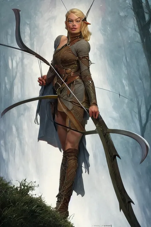 Image similar to portrait of margot robbie as an elven archer, dark, piercing eyes, gentle expression, elegant clothing, photorealistic, highly detailed, artstation, smooth, sharp focus, art by michael whelan, artgerm, greg rutkowski and alphonse mucha