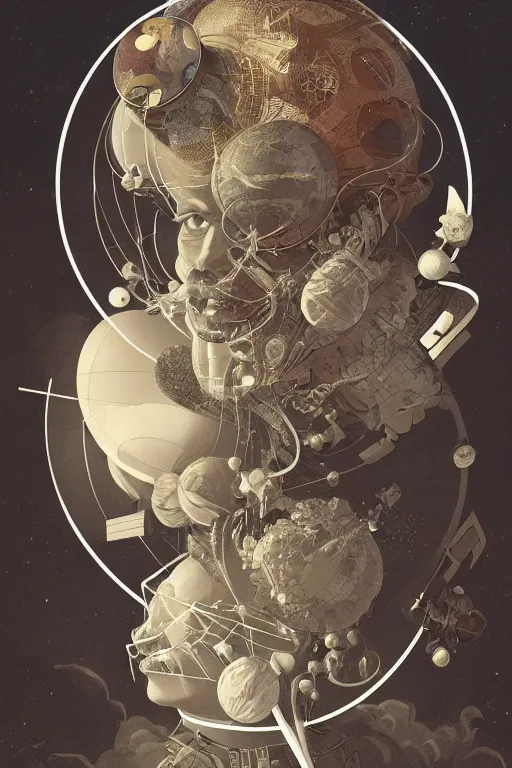 Prompt: A man with planets circulating around the head, art deco design, by Mandy Jurgens and Warhol, Ernst Haeckel, James Jean, artstation, concept art