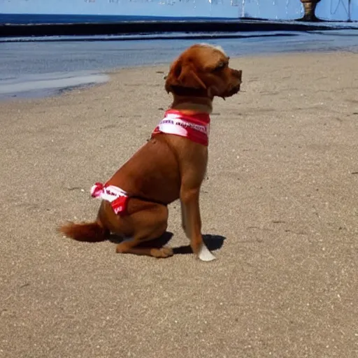 Image similar to a dog ballerina is drinking coca - cola on the beach