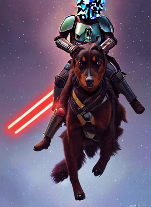 Image similar to mandalorian riding a bernese montain dog, star wars, beautiful glowing lights, sci - fi, stunning, intricate, elegant. highly detailed, digital painting. artstation. smooth. sharp focus. illustration. art by artgerm and greg rutkowski and alphonse mucha