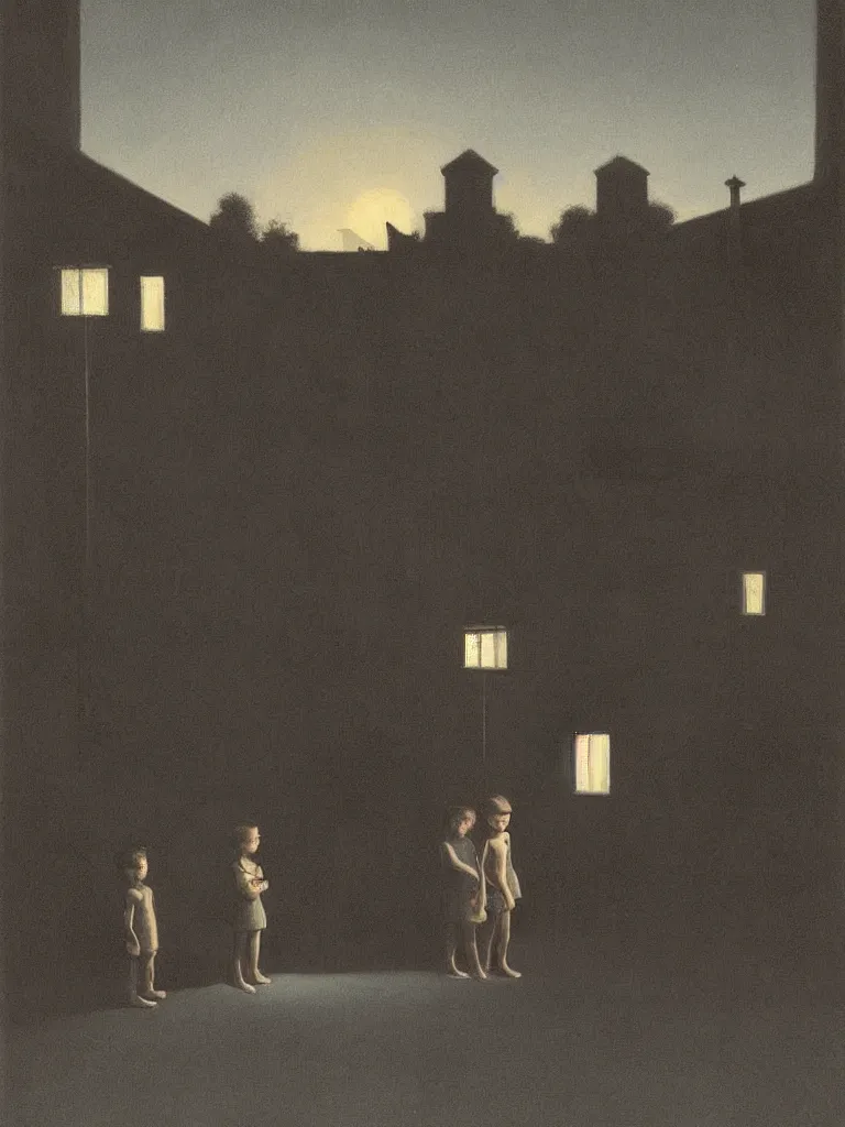 Image similar to two kids posing for a picture at night, dark, backlighting, small village, town square, trees, vegetation, artwork by edward hopper, james gilleard, zdzislaw beksinski, atmospheric, muted pastels
