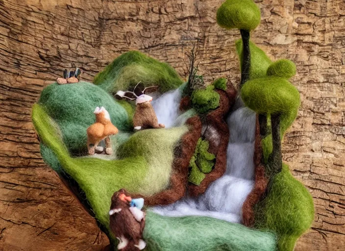 Prompt: high - res photograph of a felt sculpture diorama with cute fluffy forest critters, highly detailed sculpey diorama, forest setting, waterfall backdrop, realistic materials, wood, felt, cloth, burlap, smooth, sharp foccus, commercial product photography,