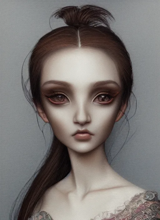 Image similar to closeup portrait a beautiful woman, moebius : 1 0, mark ryden : 5, popovy sisters : 1 0, intricate, hyperdetailed, bjd, trending on artstation : 3