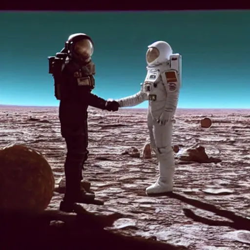 Prompt: movie still of the human president shaking hands with the martian leader on the surface of venus, making peace