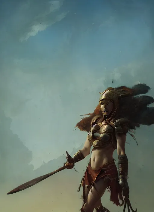 Prompt: hyper realistic photo of gladiator girl, full body, rule of thirds, conceptart, saturated colors, cinematic, greg rutkowski, brom, james gurney, mignola, craig mullins, artstation, cgsociety