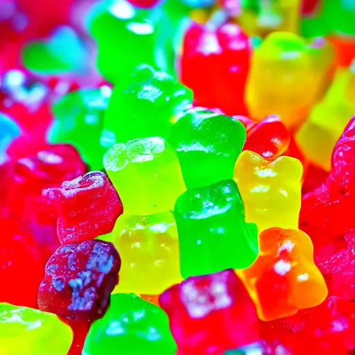 Image similar to macro image of a bowl full of gummy bears, realistic, glistening, slightly sprayed with water.