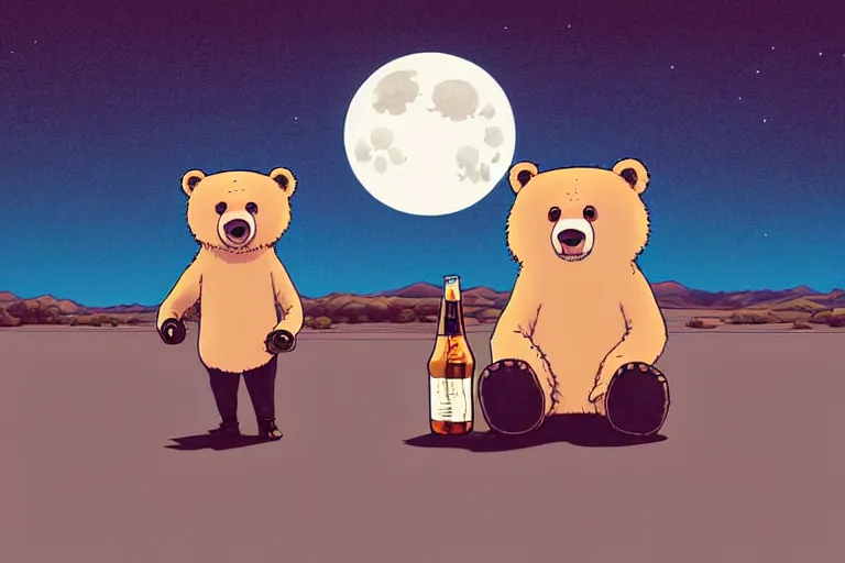 Image similar to a study of a cell shaded cartoon bear holding and drinking a beer on a desert road in front of a big moon, full body, wide shot, very muted colors, post grunge, studio ghibli, laurie greasley, highly detailed, deviantart, art by artgem