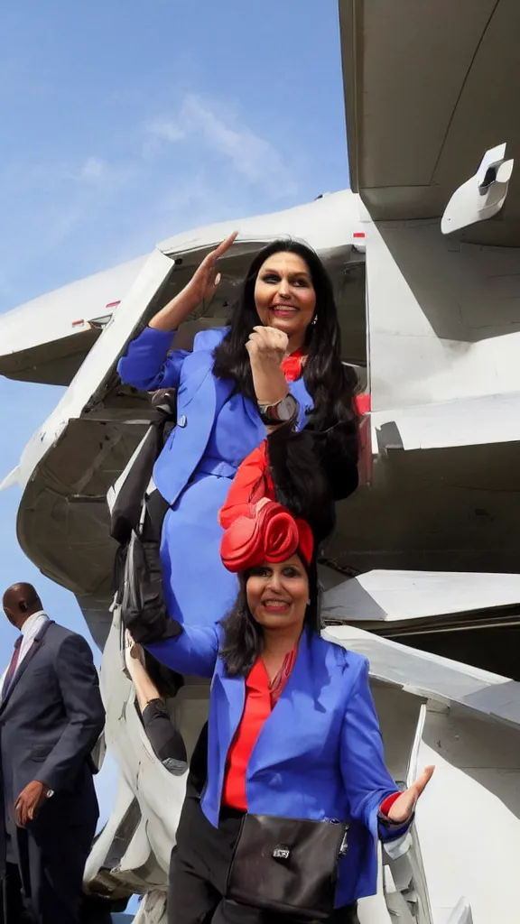 Image similar to priti patel waving at an aeroplane headed to rwanda