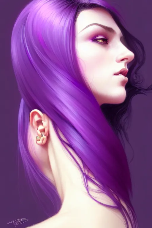 Image similar to Purple hair, creative colouring Portrait of woman face profile, fashion, colored strands of hair, intricate, elegant, highly detailed, digital painting, artstation, concept art, smooth, sharp focus, illustration, art by artgerm and greg rutkowski and alphonse mucha