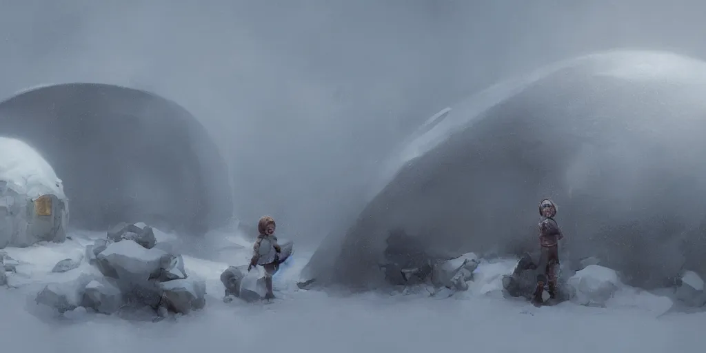 Image similar to young girl back to us in front of an igloo in the tundra,, mysterious matte painting by ruan jia and craig mullins, trending on artstation