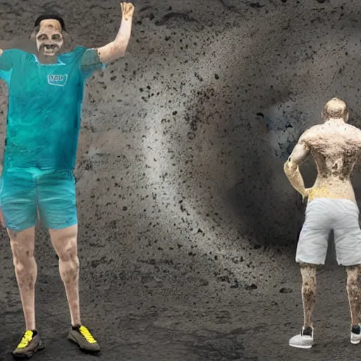 Image similar to high quality octane render of sam bankman fried with mud dripping out of his shorts whilst at the stock exchange