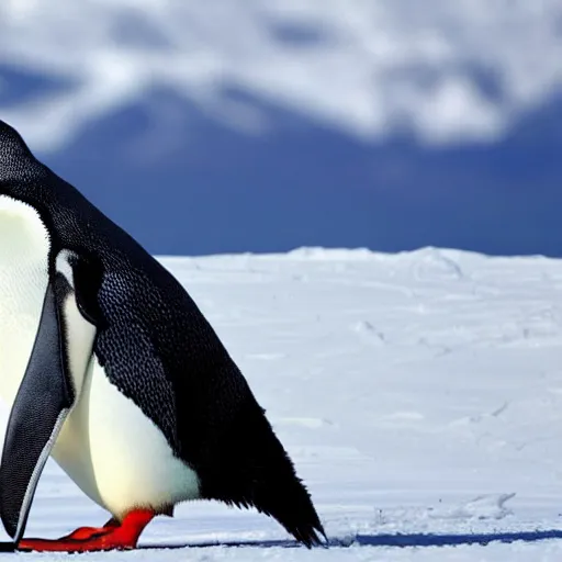 Prompt: penguin (on skis) skiing on snow, snowy mountain background, snowing