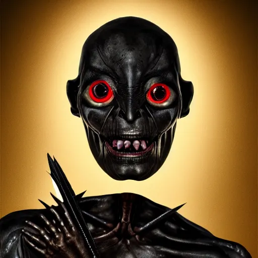 Image similar to an alien. angled jaw, snarling, omniverous layered teeth, nostrils on the forehead, smooth bioluminescent skin, hunter gatherer holding an obsidian spear, mid length portrait photograph, highly detailed, high contrast lighting