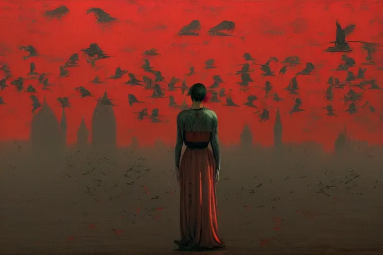 Prompt: only with red, a red dystopic knight, venice, flock of birds in the red sky, in the style of beksinski, parts by edward hopper, parts by rodcenko, parts by yue minjun, intricate and epic composition, red by caravaggio, insanely quality, highly detailed, masterpiece, red light, artstation, 4 k